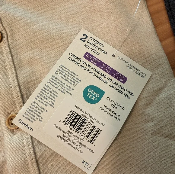 NWT 2-Pack Baby Boys Tan & Dark Gray Short Leg Sleeveless Romper - Picture 6 of 7